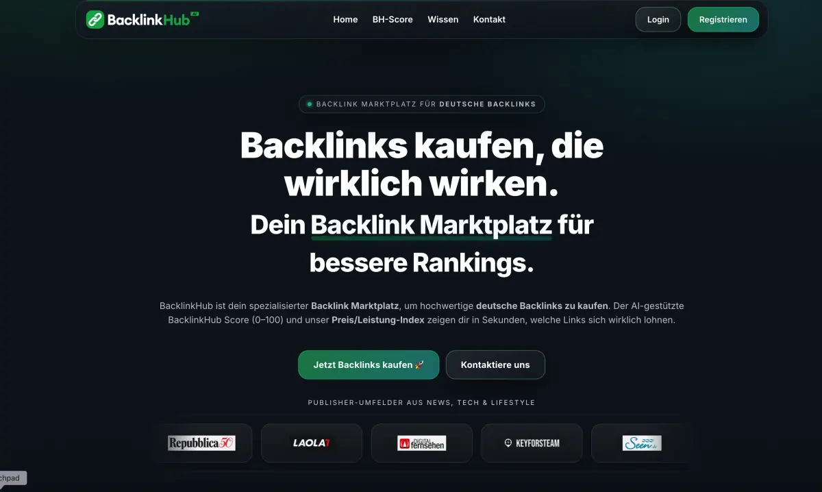 BacklinkHub Vorschau mit Publishern, Qualitätsinformationen und Platzierungsoptionen